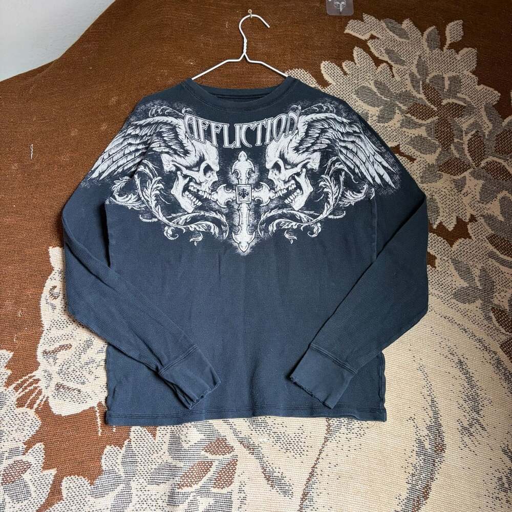 Affliction Winged Up Thermal Size Large Black Long Sleeve Tee